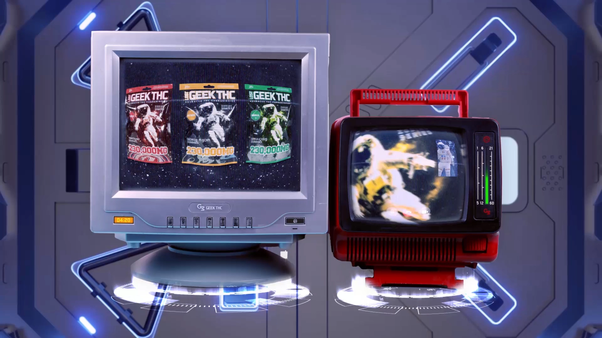 Digital banner depicting two retro televisions floating in a futuristic, neon-lit room: the left screen shows three Geek THC gummy packages (red, yellow, and green), while the right, smaller red TV displays a swirling astronaut image—both hovering above glowing holographic rings.