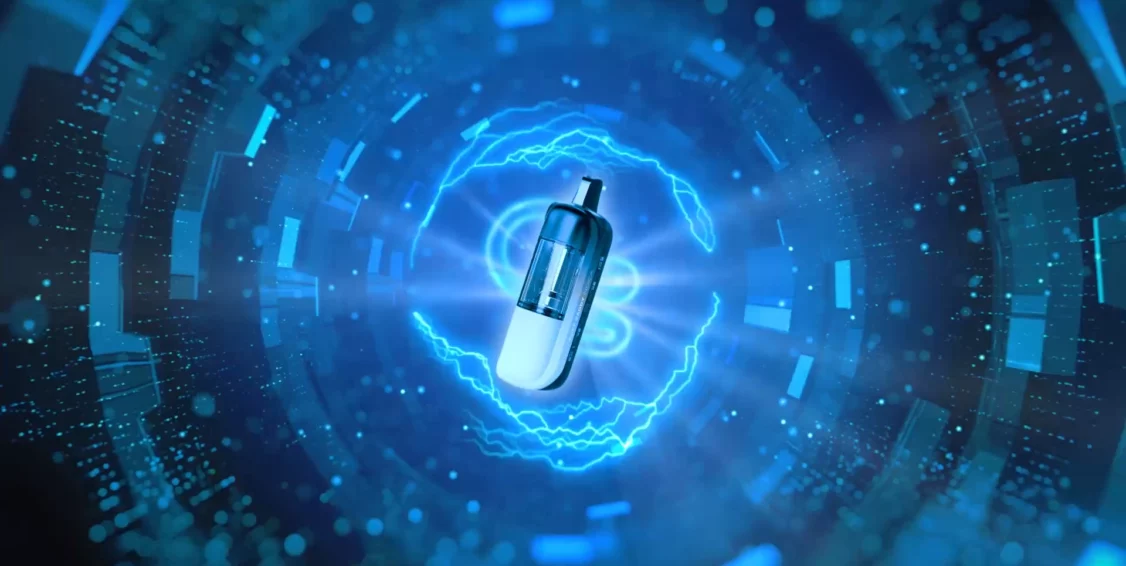The Clearview vape device floating in the center of a glowing blue digital vortex with concentric energy rings and electric arcs against a dark, circuit-patterned tunnel backdrop
