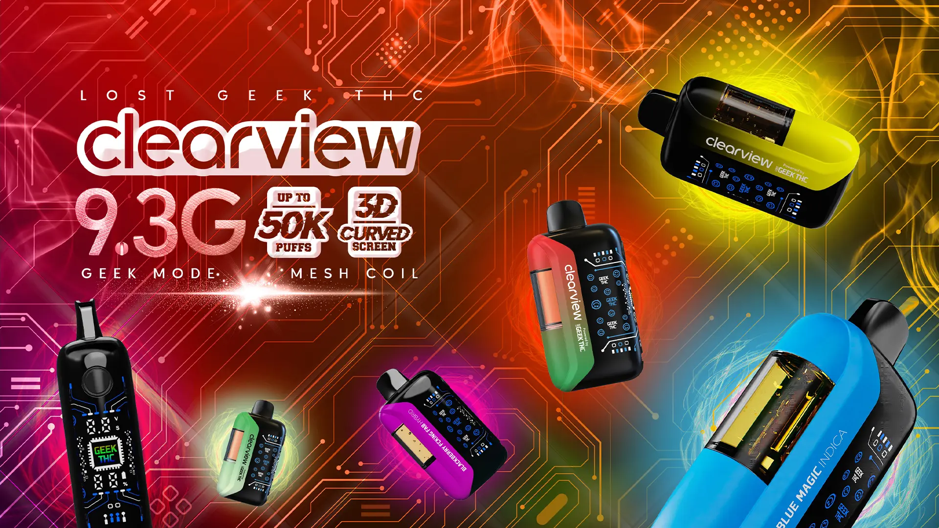 Promotional banner for Lost Geek THC Clearview featuring a large clearview logo with 9.3G, Up to 50K puffs, and 3D Curved Screen icons over a red-orange circuit-board background, surrounded by multiple floating, brightly colored Clearview devices