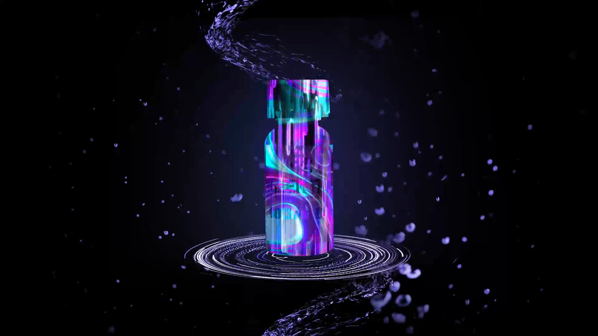 Abstract, dark-background image of a tall, cylindrical bottle covered in glitch-style psychedelic patterns, surrounded by swirling fluid streams above and concentric digital rings beneath, with floating particles around it.