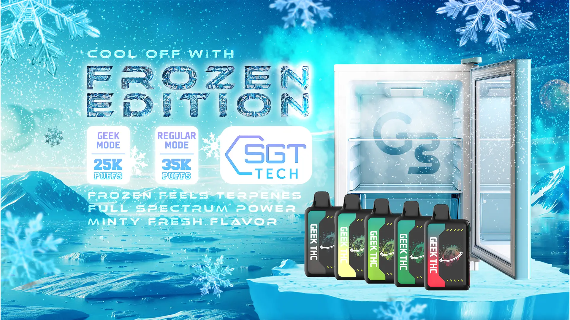 Promotional image for "Frozen Edition" vape products by SGT Tech, featuring frosty background and cartridges labeled "GEEK THC." Text details puff counts and flavor.
