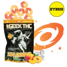 A standing pouch of Lost Geek THC “Georgia Peach Gummies 230,000 MG .5 lb 8 oz” with a black-and-gold astronaut graphic; above the pouch are sugar-coated peach-and-cream ring gummies; to the right, an orange swirl graphic and ripe peach halves on melting ice cubes; a yellow circle in the upper right reads “HYBRID.”