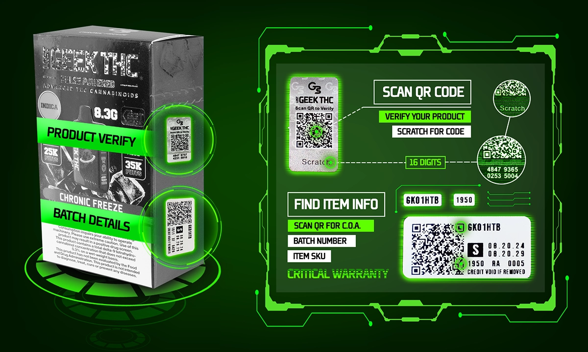 Packaging of a product called "Geek THC" with instructions for scanning a QR code to verify authenticity. Includes sections for product verification, batch details, and critical warranty.
