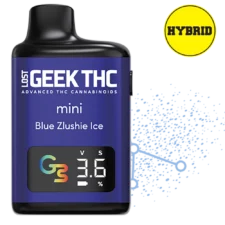 Geek THC Mini Blue Zlushie Ice hybrid disposable THC vape in blue design with digital puff display and ice-blue backdrop.