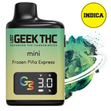 Geek THC Mini Frozen Piña Express Indica disposable THC vape in yellow-green design with digital display and frozen tropical background.