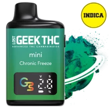 Geek THC Mini Chronic Freeze Indica disposable THC vape in green design with digital display and icy blue flavor artwork.