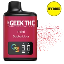 Geek THC Mini Dabbalicious hybrid disposable THC vape in red design with digital puff display and soft red gradient backdrop.