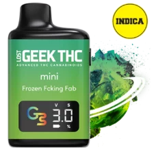 Geek THC Mini Frozen Fcking Fab disposable THC vape in green Indica design with digital puff display and icy background accent.