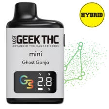 Geek THC Mini Ghost Ganja hybrid disposable THC vape in white design with digital display and green gradient backdrop.