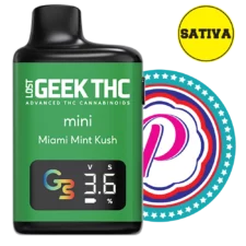 Geek THC Mini Miami Mint Kush Sativa disposable THC vape in green design with digital display and flavor badge background.