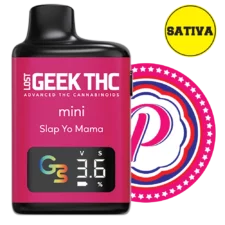 Geek THC Mini Slap Yo Mama Sativa disposable THC vape in pink design with digital puff display and patriotic-style flavor badge.