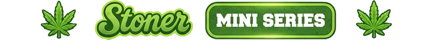 Stoner Mini Series banner with green cannabis leaf icons and stylized lettering representing the Geek THC Mini Stoner flavor series.